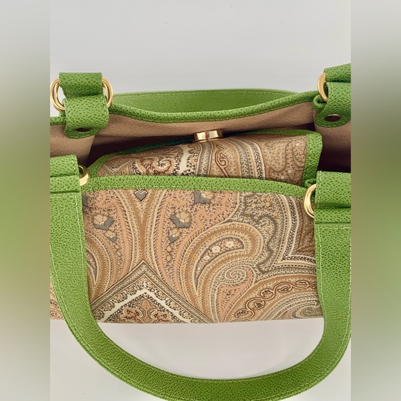 NWT Etro Milano Paisley Uncoated. Canvas & Lime Green Leather Trim Bag - Picture 13 of 16